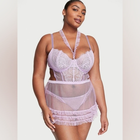 💜 2pc VS Dream Angels Lace & Mesh High-Neck Apron Babydoll Teddy Set 💜 - Picture 1 of 16